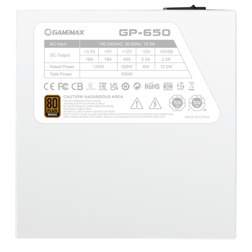 650W GameMax GP650 White 80 Plus Bronze PSU