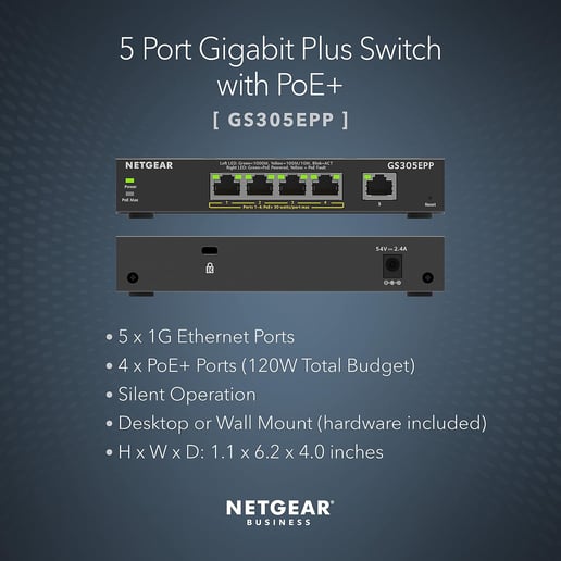 Netgear GS305EPP 5-Port Gigabit PoE+ Mini Switch 