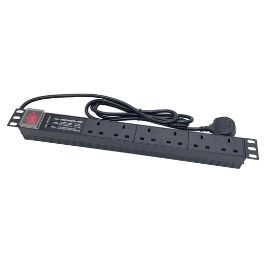 Powercool 1U 6-Way PDU, Horizontal Type, UK Sockets, Surge Protected, 3x LED