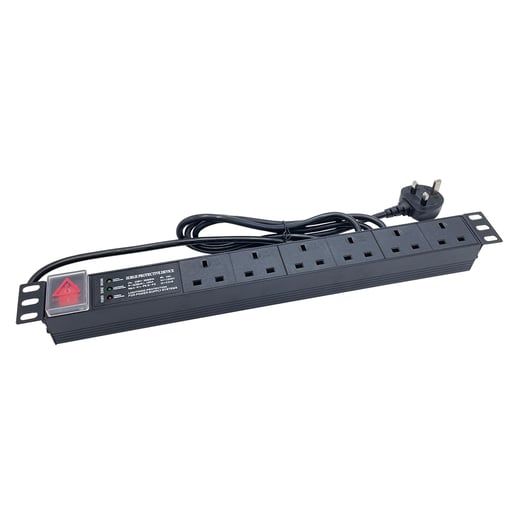 Powercool 1U 6-Way PDU, Horizontal Type, UK Sockets, Surge Protected, 3x LED