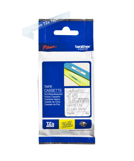 Brother P-touch TZe-135 (12mm x 8m) White On Clear Laminated Labelling Tape