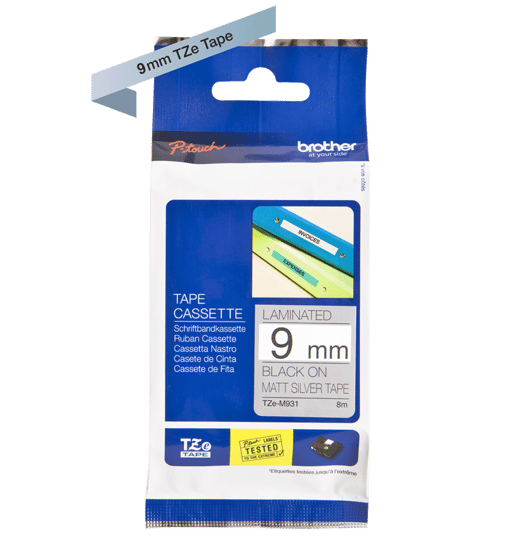 Brother P-touch TZe-M921 (9mm x 4m) Black On Silver Metallic Laminated Labelling Tape