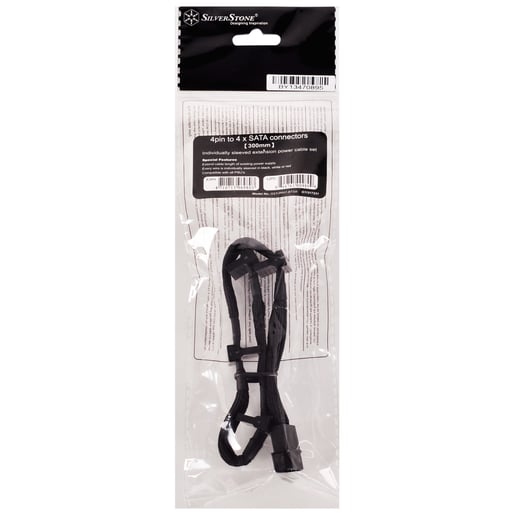Silverstone PP07-BTSB 4-pin Molex to 4x SATA 300mm Extension Cable Sleeved in Black
