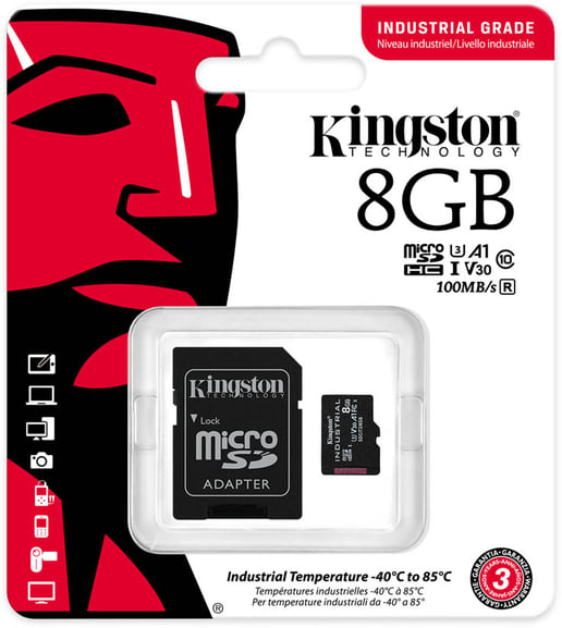 8GB Kingston Industrial UHS-1 (U3) microSD Card & Adaptor 