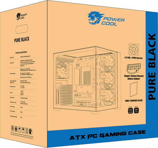 Powercool PC-PURE-BLK Mid Tower Gaming Case - Black 