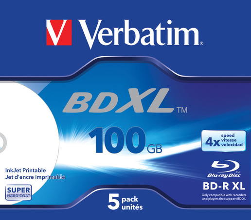 Verbatim 100GB BD-R XL Discs, 4x, Wide Inkjet Printable, 5 Pack, Jewel Case