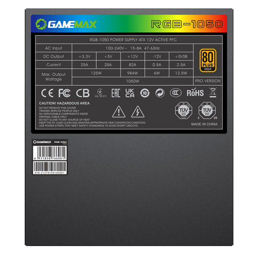1050W GameMax RGB Pro Modular 80 Plus Gold PSU